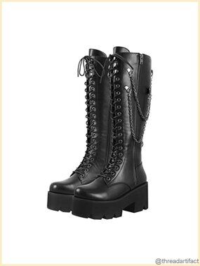Platform Knee High Combat Boots Lace Up Zipper Faux Leather